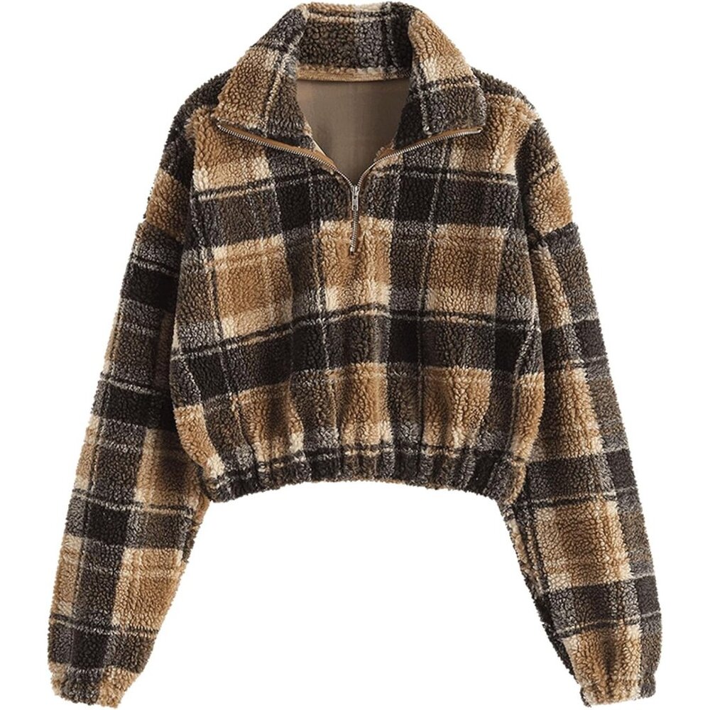 Women's Brown Plaid Long Sleeve Lapel Half Zip Plain Faux Fur Sweatshirt Solid
